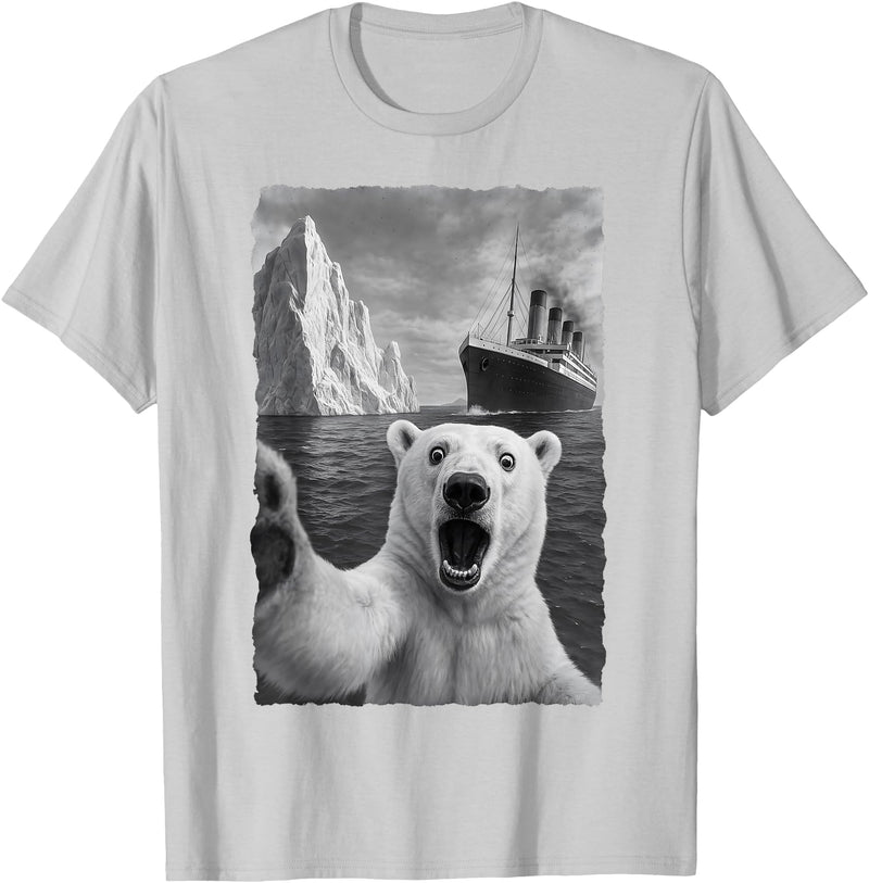 Funny Polar Bear Selfie Titanic T-Shirt - Silver Grey
