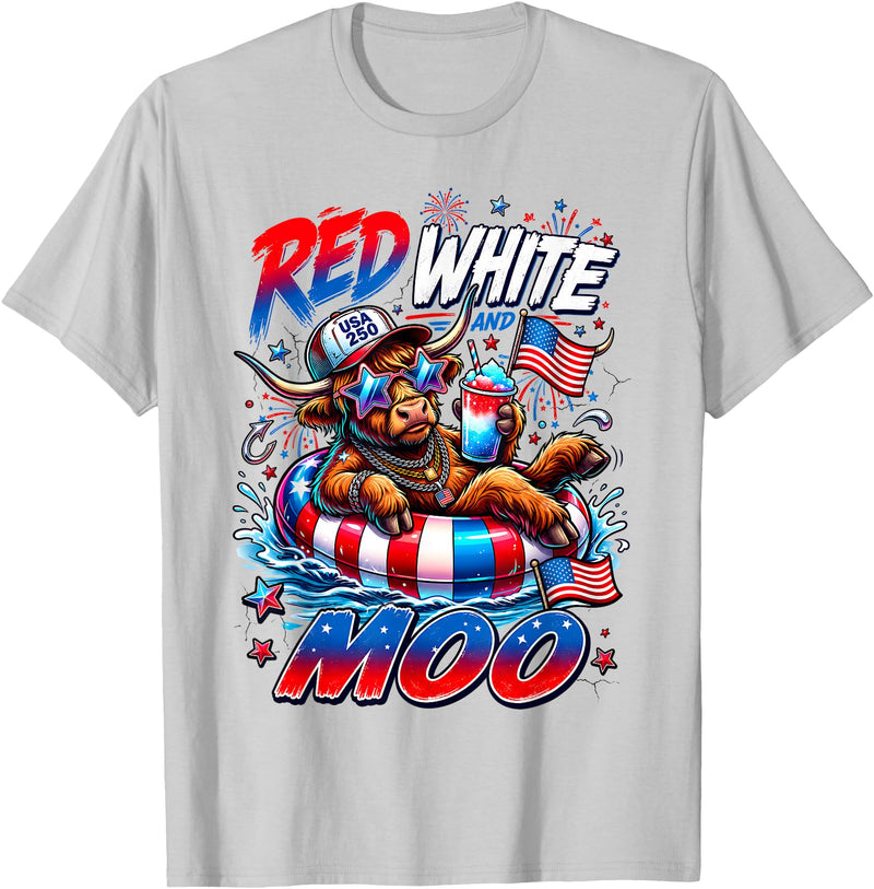 Cute Red White Moo Highland Cow 4th July Summer Red White and Moo Highland Cow 4th July 250 Years Patriotic T-Shirt - Silver