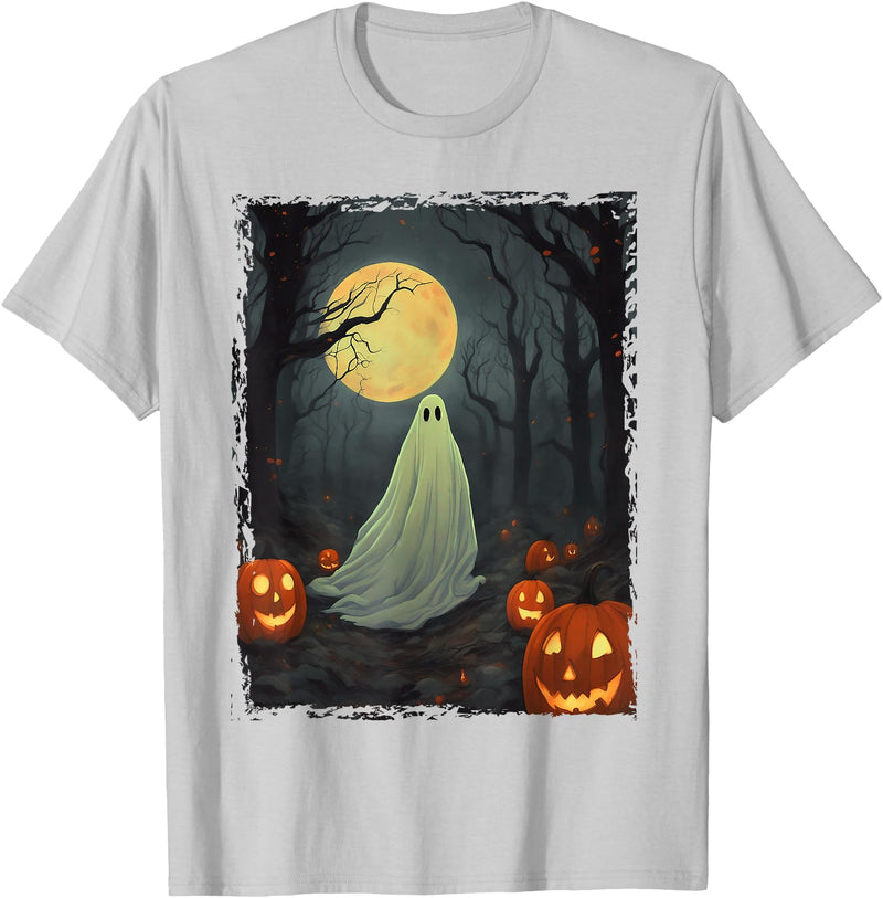 Dibble Dabble Designs Halloween Vintage Ghost in Gothic Forest Full Moon Halloween T-Shirt - Silver Grey