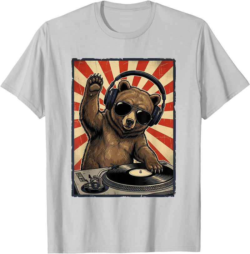 Bear DJ Stuff & Accessories Cool Retro Bear DJ Funny Bears Music Men Women Kids T-Shirt - Silver Grey