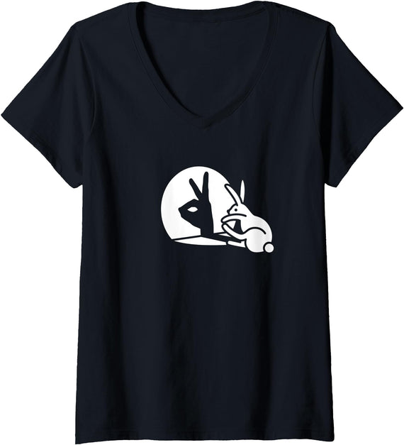 Womens Funny Rabbit Hand Shadow Projection Bunny Hare V-Neck T-Shirt in Black