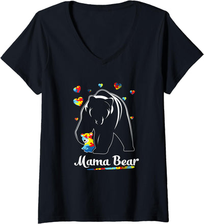 Womens Autism Mom Mama Bear Mother’s Day Cute Autism Matching V-Neck T-Shirt
