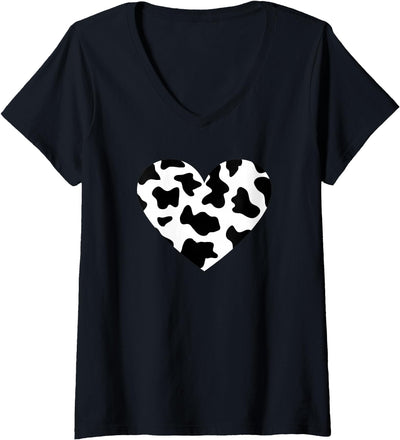 Womens Awesome Cow Print Black White Print Heart V-Neck T-Shirt