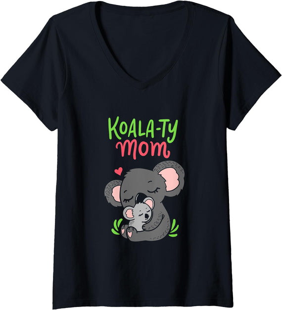 Koalafied Moms Koala Bears Clothes Womens Koala-ty Mom Koala Bear Mama Mother's Day Animal Pun Gift V-Neck T-Shirt - Black