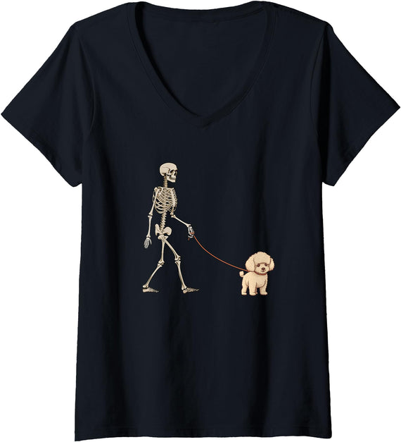 Pet Bichon Frise Love Womens Funny Bichon Frise Skeleton Dog Walking Halloween Dog V-Neck T-Shirt - Black