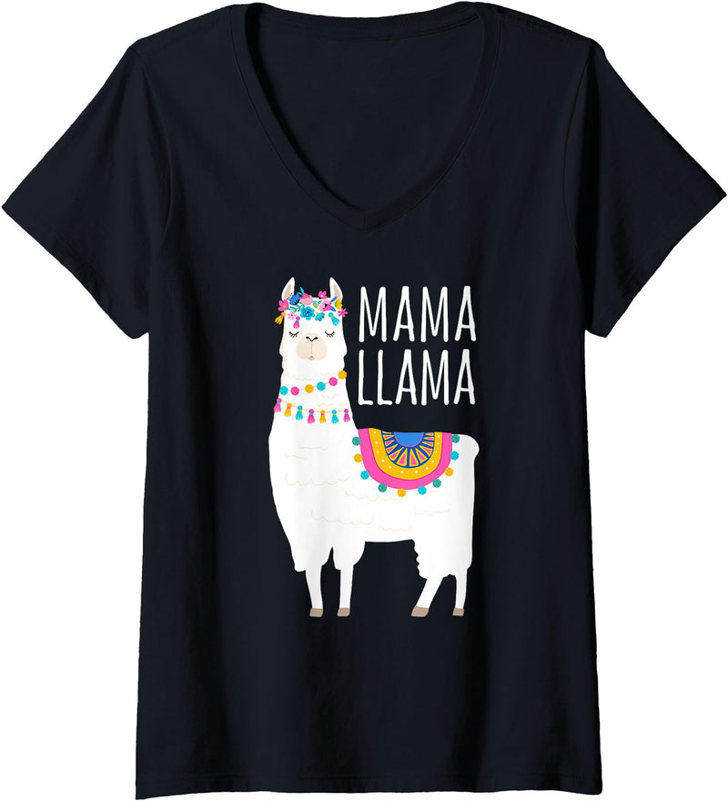 Mama Llama Lover Gifts by Memme Womens Mama Llama Shirt for Women V-Neck T-Shirt - Black