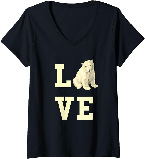 Womens Love with Polar Bear V-Neck T-Shirt - Black