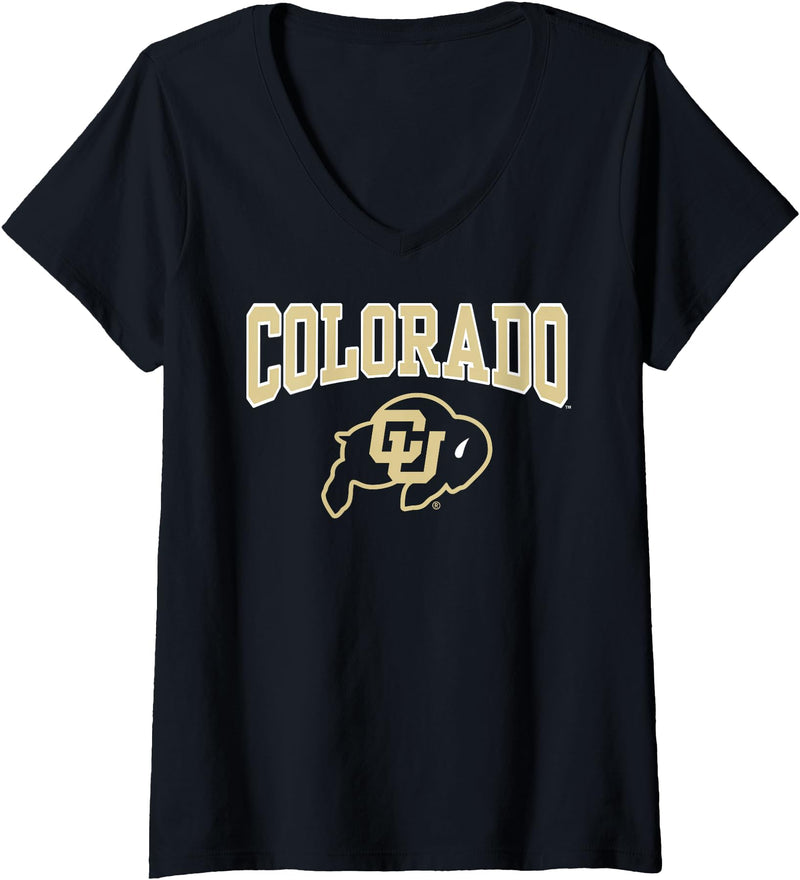 Elite Authentics Womens Colorado Buffaloes Arched Logo Black Officially Licensed V-Neck T-Shirt - As Pictured