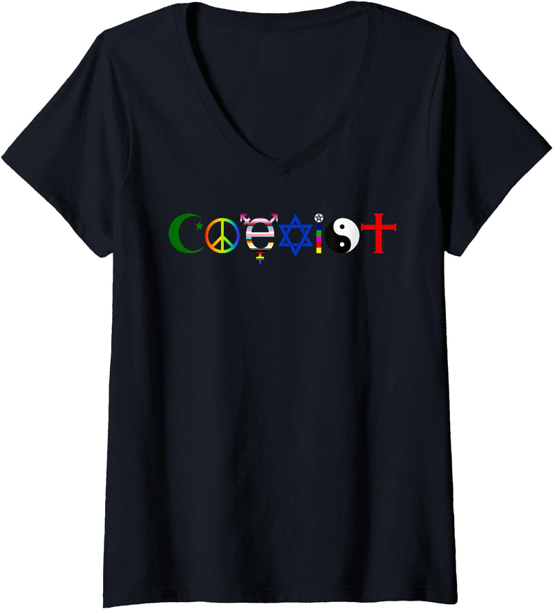 Bear In The Cloud Womens Coexist V-Neck T-Shirt - Black
