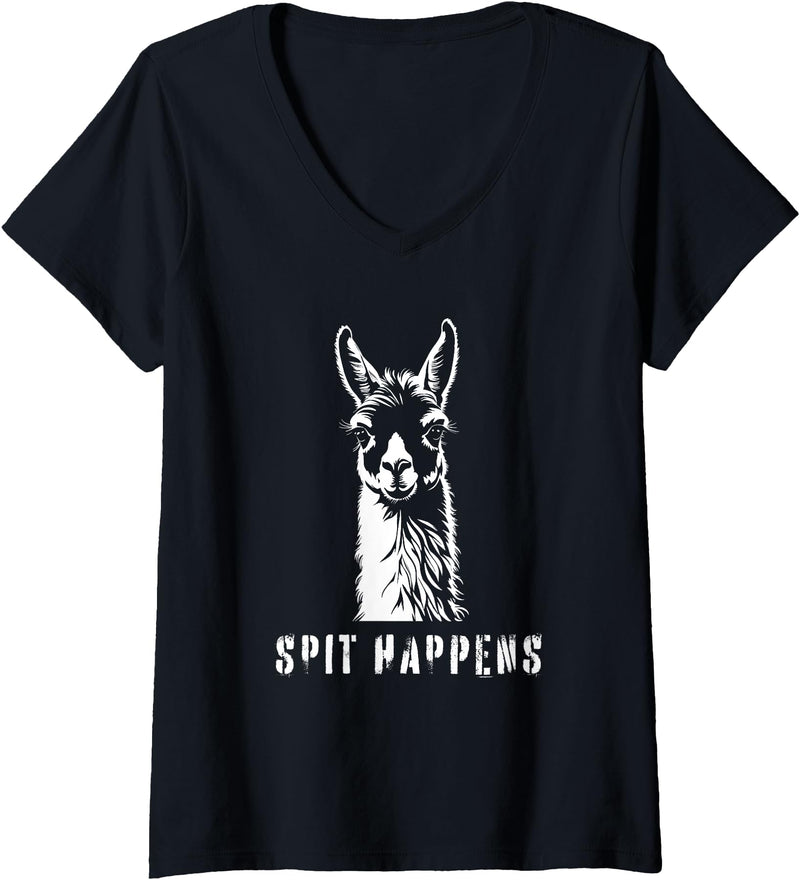 Womens Funny Llama Spit Happens - Llama Drama V-Neck T-Shirt - Black