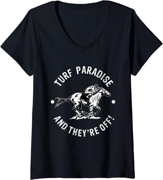 Horse Racetrack Designs Womens Turf Paradise Racetrack Horse Racing Fan Equestrian AZ Derby V-Neck T-Shirt - Black