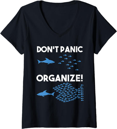 Womens Don't Panic Organize Fish Swarm Shark V-Neck T-Shirt