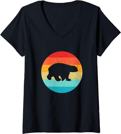 Women's Polar Bear Silhouette Retro Vintage Sunset 80s Distressed V-Neck T-Shirt