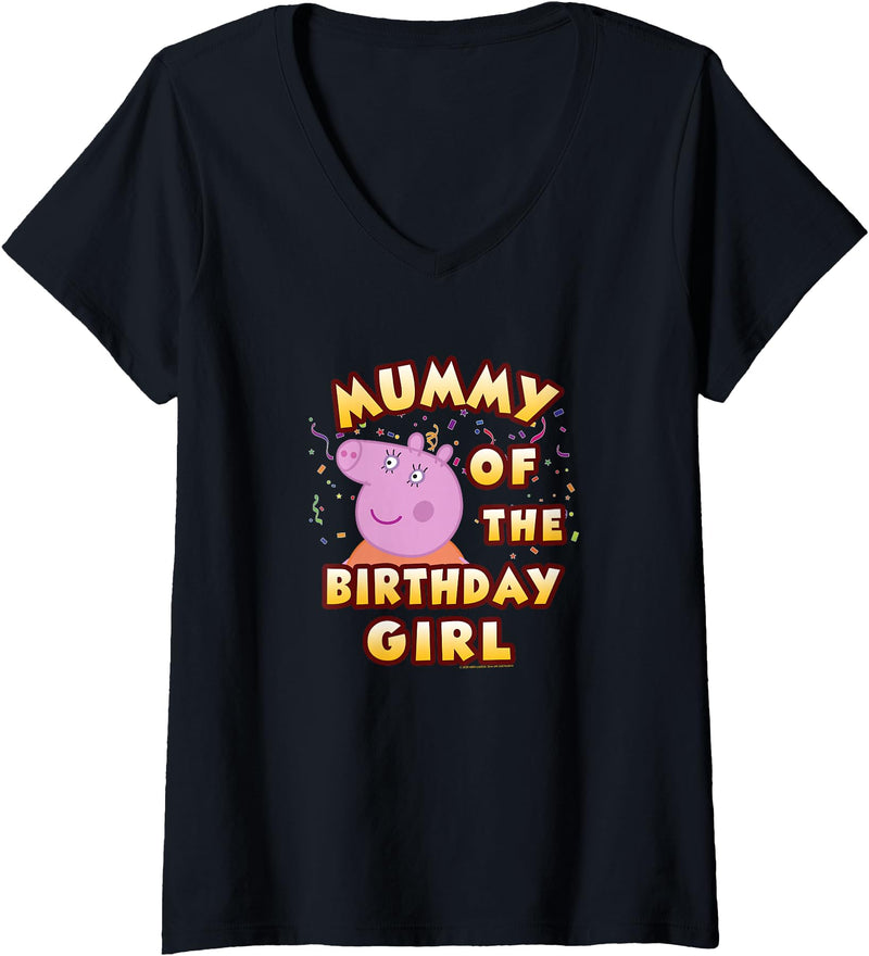 Womens Peppa Pig Mummy of The Birthday Girl V-Neck T-Shirt Small - Black