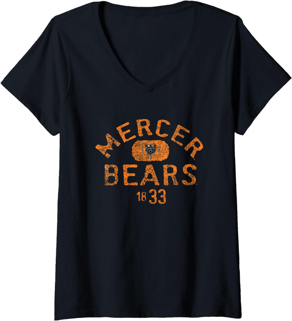 Elite Authentics Womens Mercer Bears Vintage 1883 Logo Officially Licensed V-Neck T-Shirt - Black