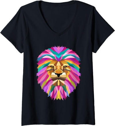 Womens Lion painted Artistic lion V-Neck T-Shirt