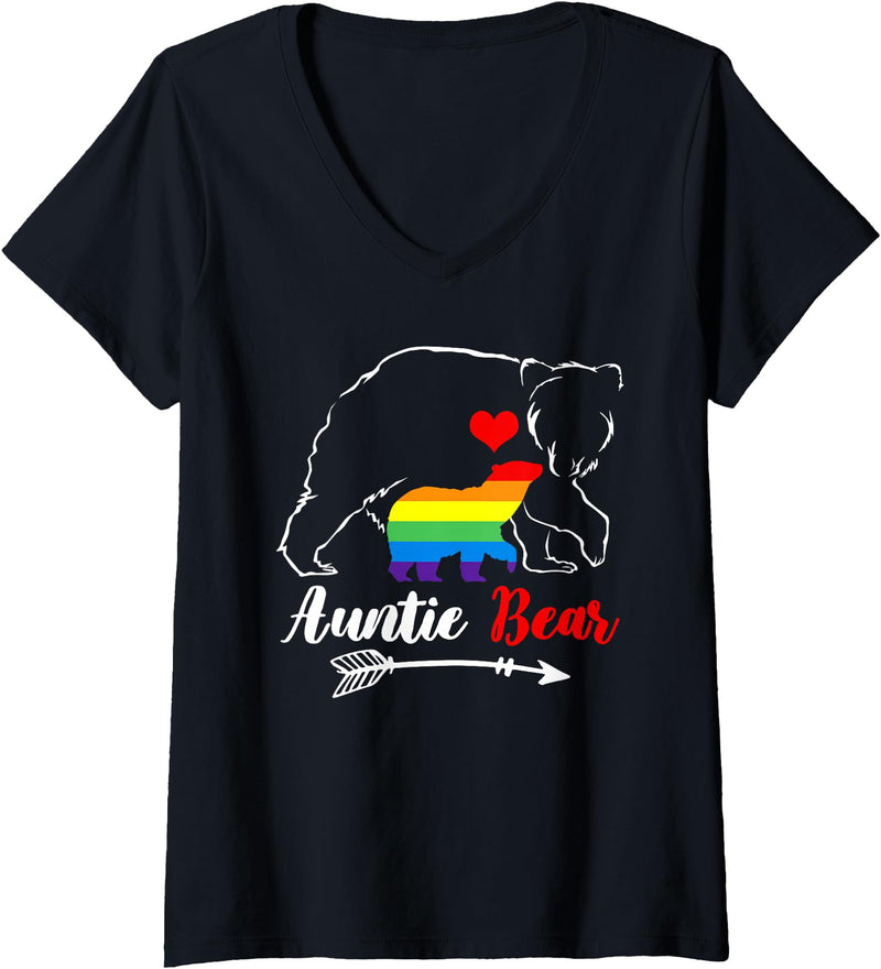 Funny Bear Family Gay LGBT Pride HBL Womens LGBT Auntie Bear Aunt Gay Pride Proud Mom Mother's Day V-Neck T-Shirt - Black