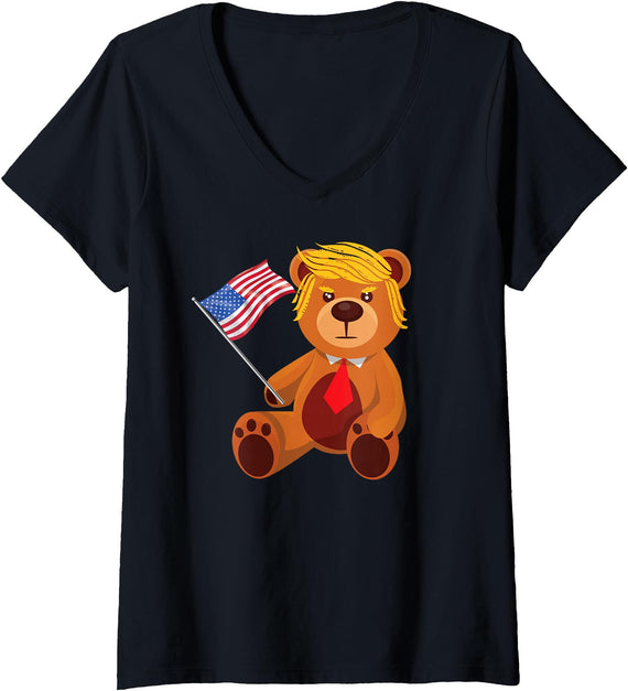 America For Trump 2020 Novelty Apparel Womens Trumpy Bear Trump 24 Elect President Trump 2024 V-Neck T-Shirt - Black