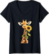 Animal Sunflower Design Womens Giraffe Sunflower V-Neck T-Shirt - Black