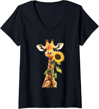 Womens Giraffe Sunflower V-Neck T-Shirt