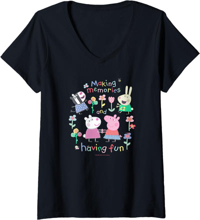 Womens Peppa Pig Making Memories And Having Fun Garden Party Sketch V-Neck T-Shirt