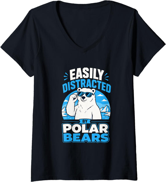 Women's Easily Distracted By Polar Bears V-Neck T-Shirt - Black
