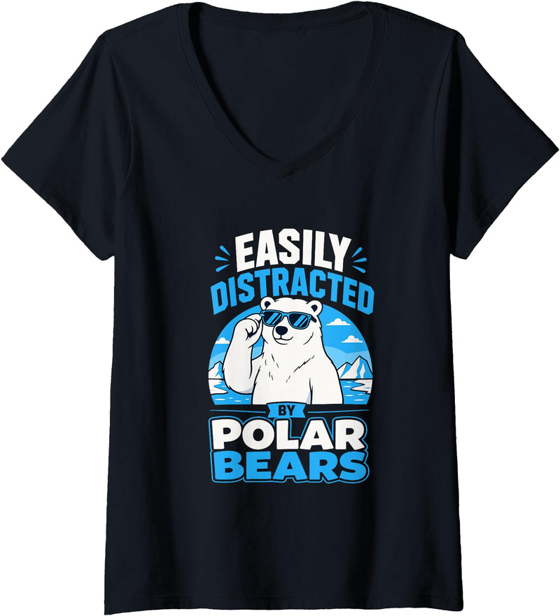 Women's Easily Distracted By Polar Bears V-Neck T-Shirt - Black