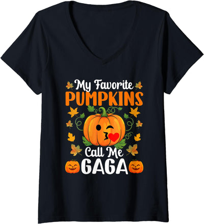 Gaga Halloween Shirt Womens My Favorite Pumpkins Call Me Gaga Shirt Funny Halloween V-Neck T-Shirt