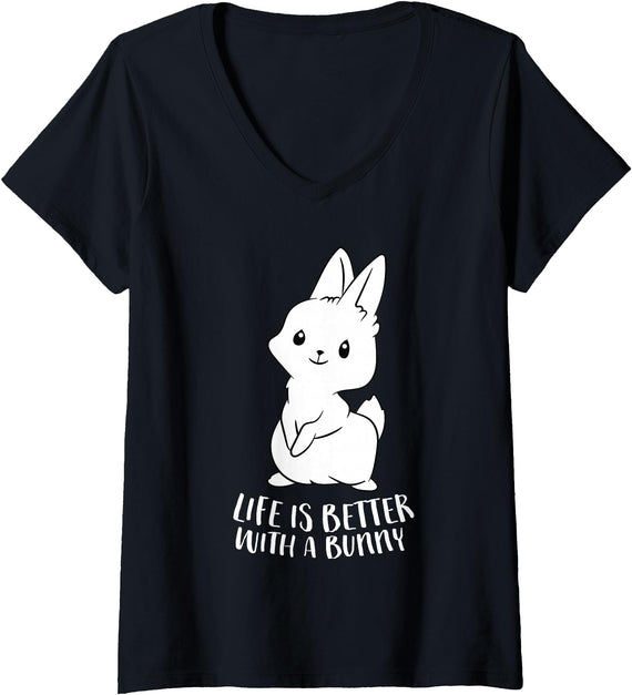 Womens Life Is Better with a Bunny Cute Bunny Rabbit V-Neck T-Shirt in Black