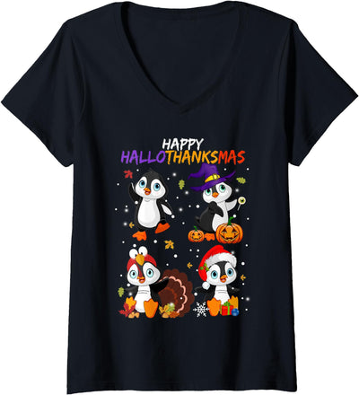 Ambition Hallothanksmas Penguin Turkey Witch Santa Womens Penguin Happy Hallothanksmas Halloween Thanksgiving Xmas V-Neck T-Shirt