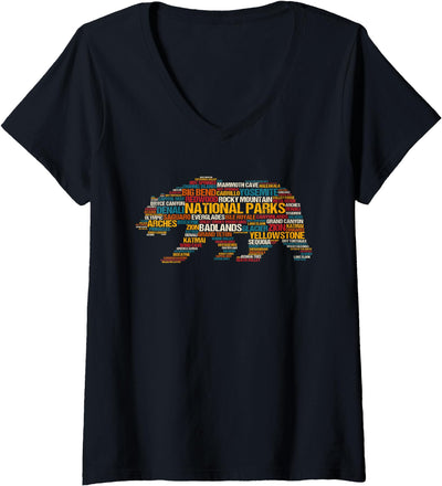 Womens National Parks USA List Word Cloud Bear Camping & Hiking V-Neck T-Shirt