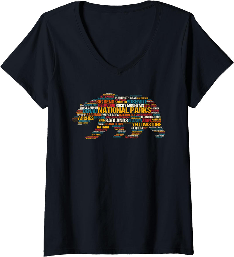 National Parks USA Giftidea! Womens National Parks USA List Word Cloud Bear Camping & Hiking V-Neck T-Shirt - As Pictured