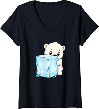 Women's Adorable Baby Polar Bear Hugging Big Ice Cube V-Neck T-Shirt