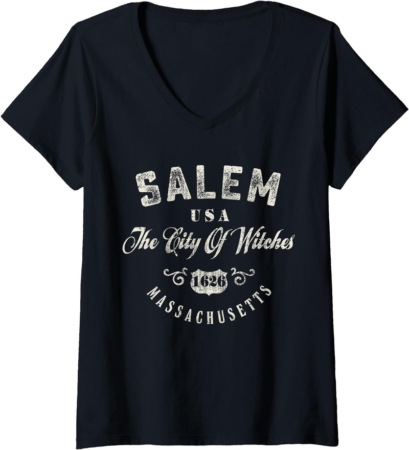 American City Womens Salem The City Of Witches Massachusetts Vintage V-Neck T-Shirt - Black