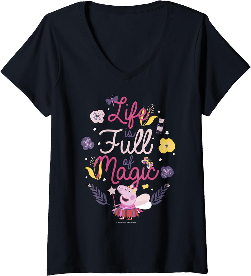 Womens Peppa Pig Life Full Of Magic V-Neck T-Shirt - Black