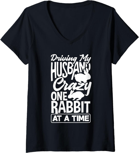 Womens Driving My Husband Crazy One Rabbit at a Time V-Neck T-Shirt in Black