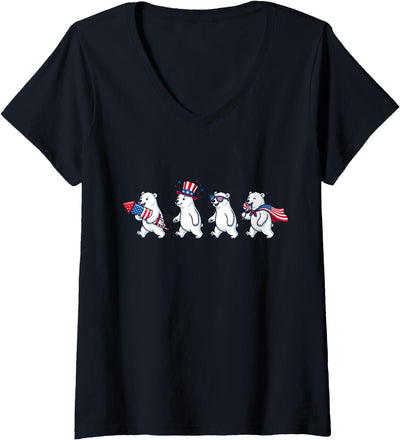 Women's Funny Polar Bear American USA Flag 250 Years 4th of July V-Neck T-Shirt