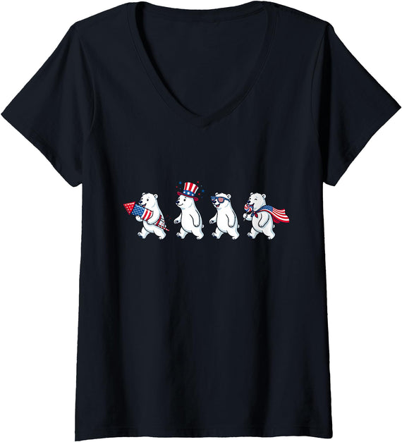 Polar Bear Lover Patriotic Veterans Day Costume Women's Funny Polar Bear American USA Flag 250 Years 4th of July V-Neck T-Shirt - Black