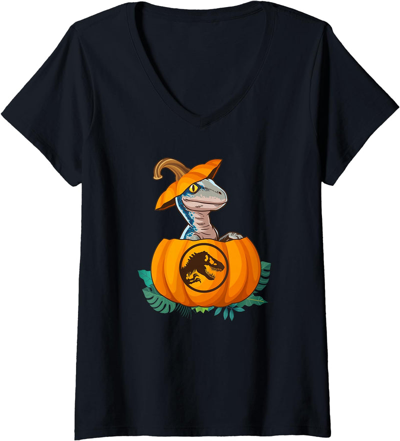 Women's Jurassic World Halloween Dinosaur Pumpkin Logo V-Neck T-Shirt - Black