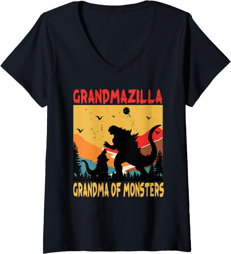 Grandma Halloween Designs Women's Grandmazilla Grandma Of Monsters Women Halloween Christmas V-Neck T-Shirt - Black