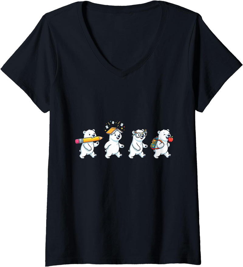Cute Polar Bear Lovers First Day of School Costume Women's Funny Polar Bear Back to School Teacher Student V-Neck T-Shirt - Black