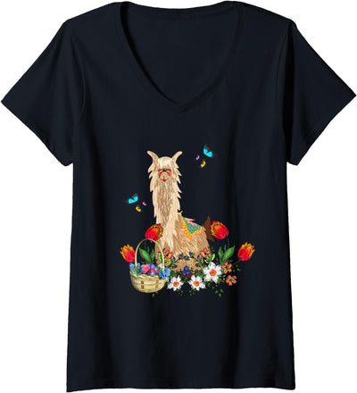 Easter Lama, Llama Lover Womens Lama, Llama With Easter Eggs Basket V-Neck T-Shirt