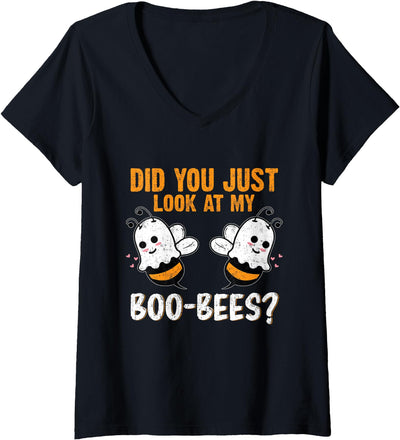 Funny Did You Just Look At My Boo-Bees Tees Womens Funny Halloween Did You Just Look At My Boo-Bees V-Neck T-Shirt