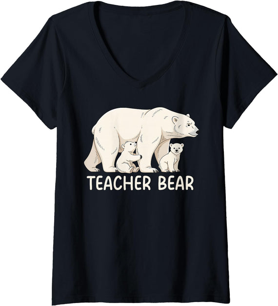 Polar Bear Family Classics Co Women's Teacher Bear with Two Cubs Polar Bear Family V-Neck T-Shirt - Black