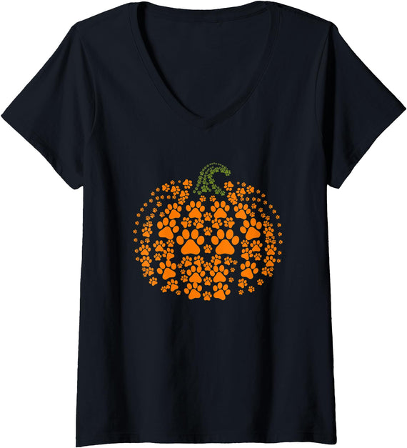 Womens Pumpkin Dog Cat Paw Print Halloween Pet Lover V-Neck T-Shirt - Black