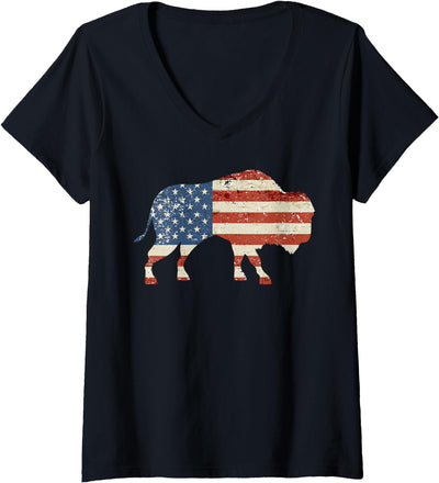 Buffalo Usa American Flag Bison 4th of July Women's V-Neck T-Shirt