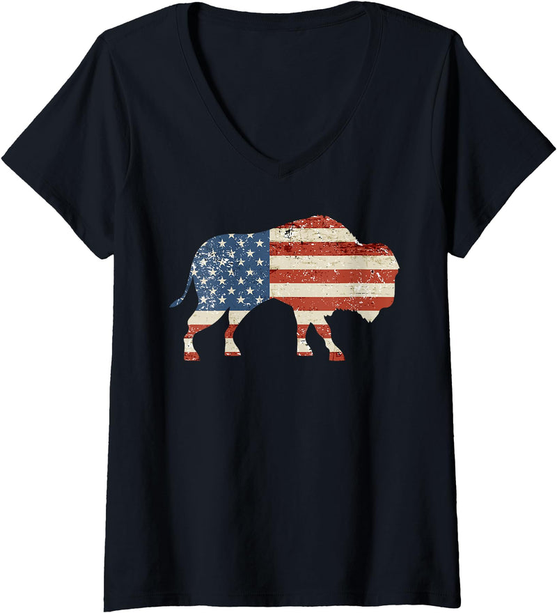 Buffalo USA American flag Bison 4th of July Women's Boys Bison American Flag Buffalo 4th of July Bison Men USA V-Neck