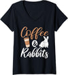 Womens Coffee and Rabbits Cute Rabbit Lover V-Neck T-Shirt in Black