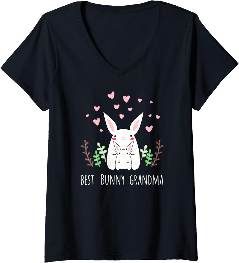 Women's Cute Bunny Grandma Rabbit Grandmother V-Neck T-Shirt in Black