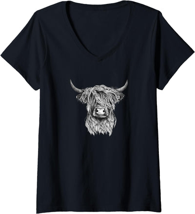 Highland Cow Wildlife Womens Hand Drawn Illustration V-Neck T-Shirt